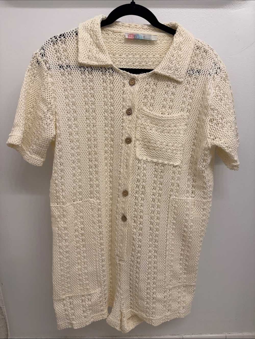 Free People Cream Crochet Button-Front Romper